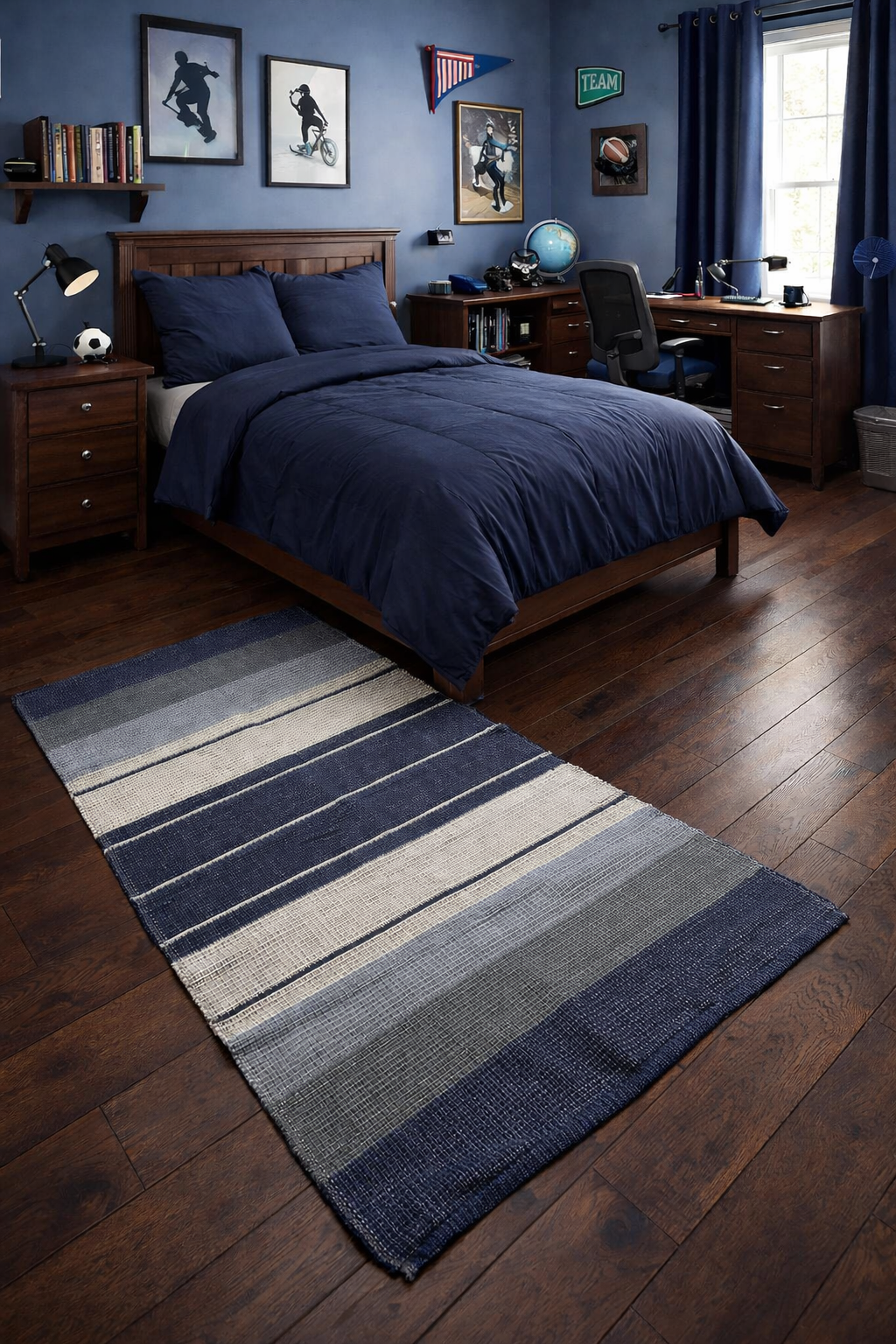 Beira de Cama Listras Azul, Cru e Cinza - 1,57 m x 85 cm